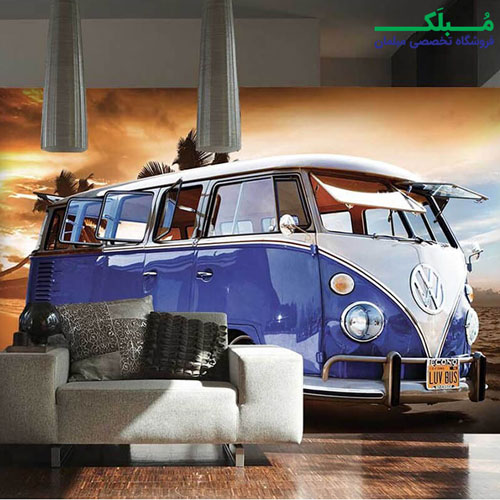 پوستر دیواری 4 تکه طرح ماشین فولکس واگن استیشن سفید و آبی 1WALL مدل W4PL-VW-001